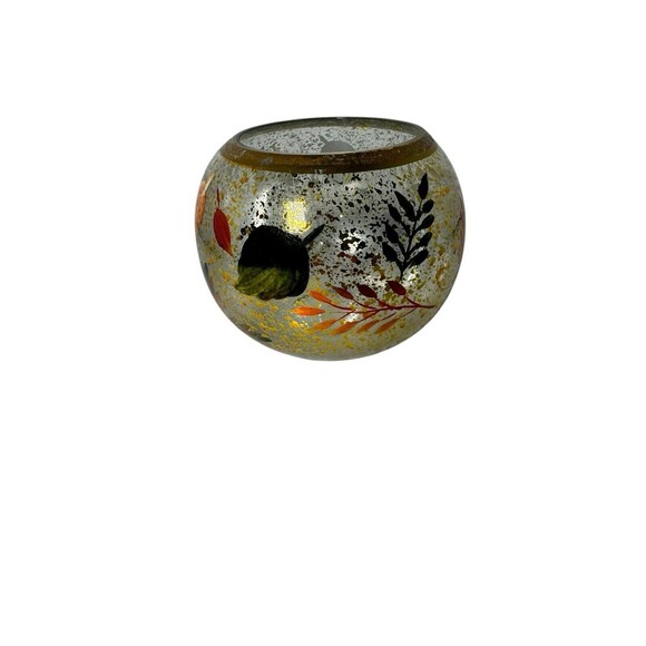 Autumn Leaves Hand Painted Gold Flake Glass Candle Holder- Art Glass - Picture 1 of 9